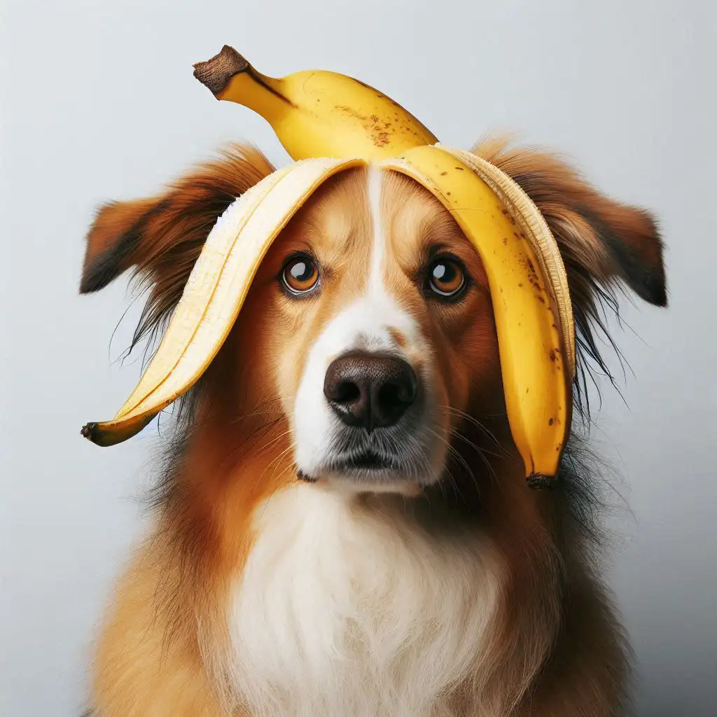 Perro con platano en la cabeza